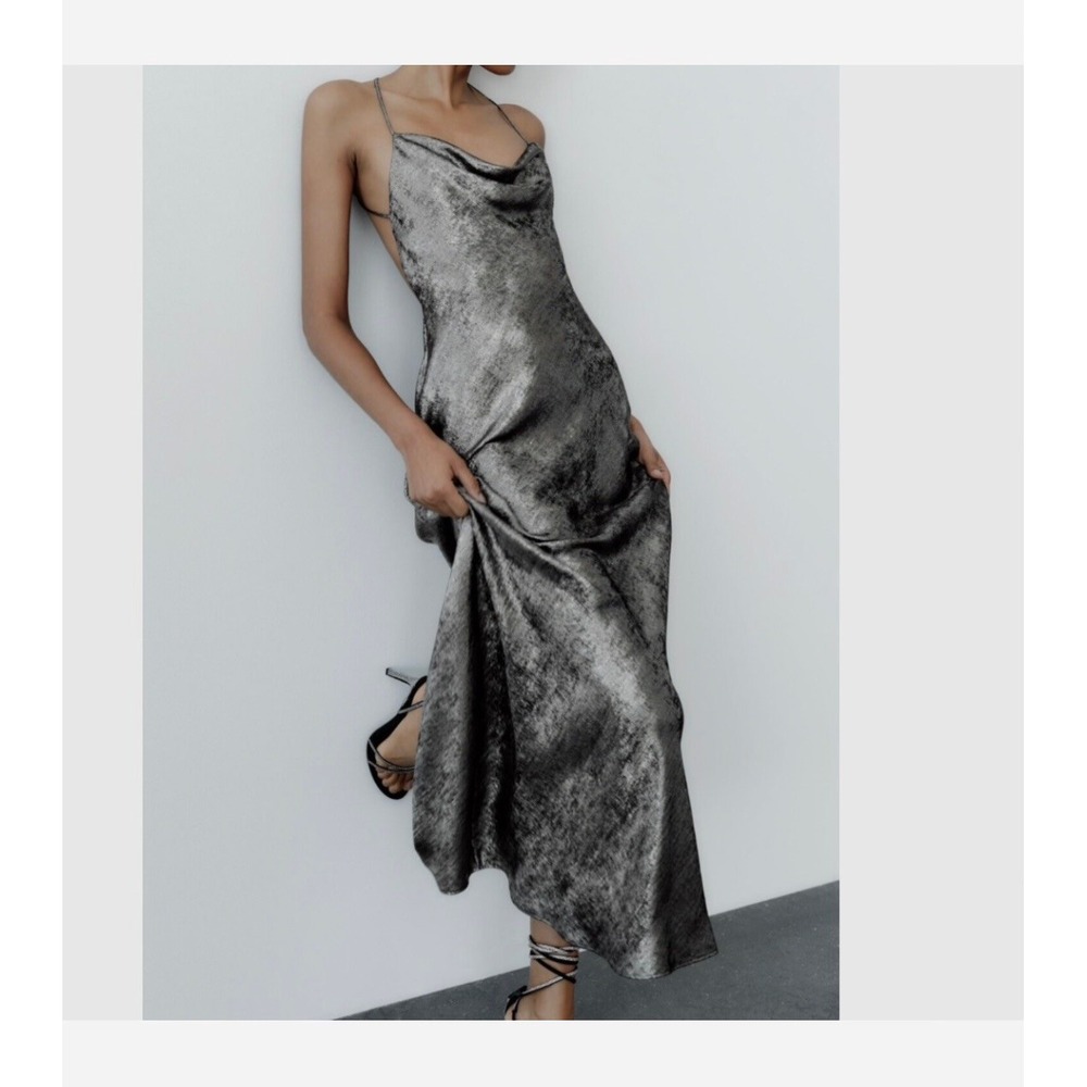 Item is sold ZARA Metallic Silver Cowl Neck Slip Maxi Dress Evening Party Size L